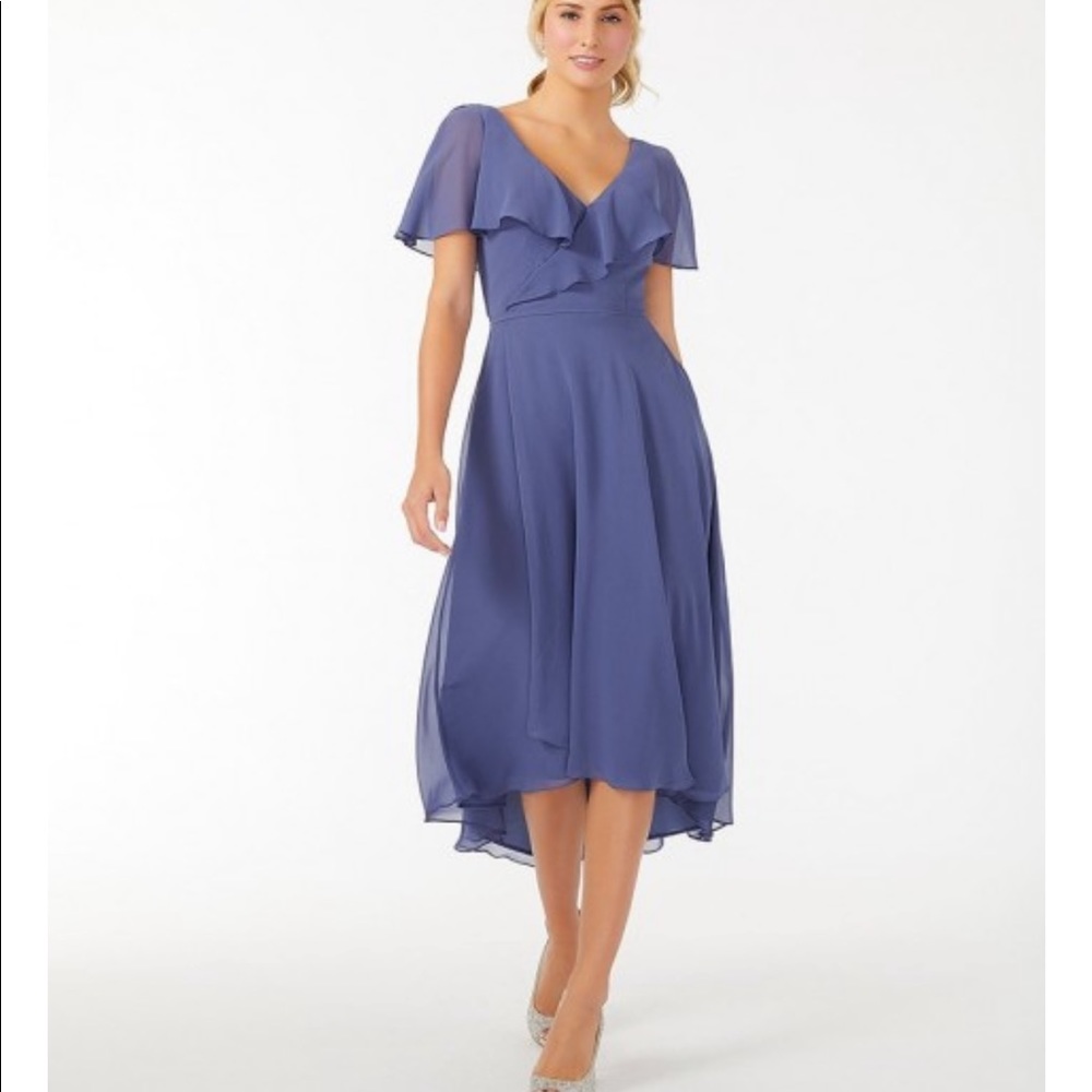 Mori Lee bridesmaid dress. Midi Flutter Sleeve Chiffon Dress - STYLE #21704 - Picture 2 of 16